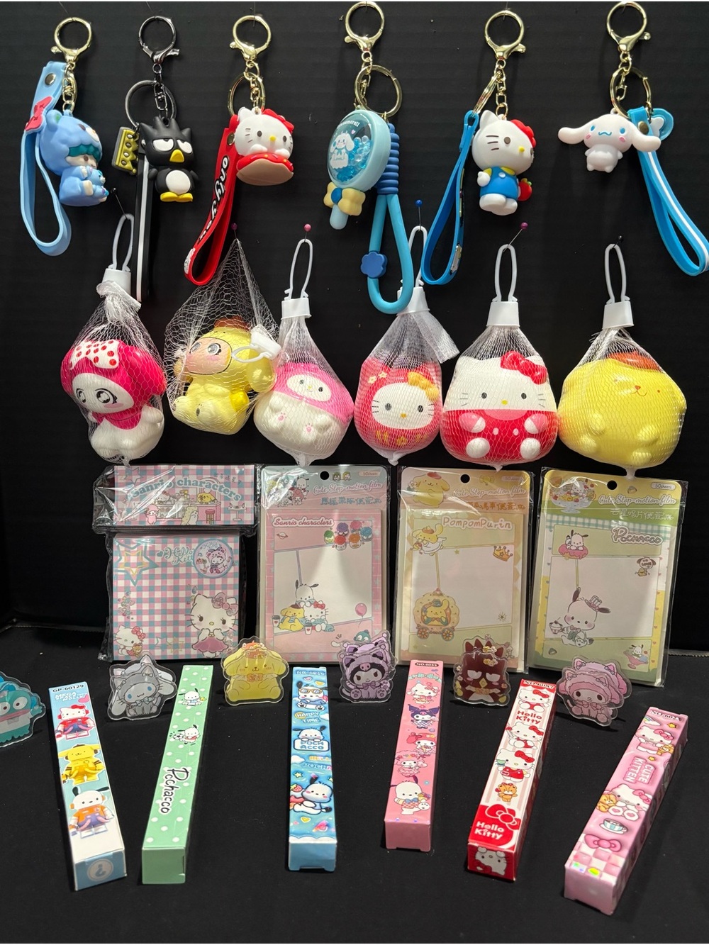 HELLO KITTY BUNDLE SET, SQUISHY, KEYRING CHARMS, BLIND BX PENS CLIPS, STICKY NOT